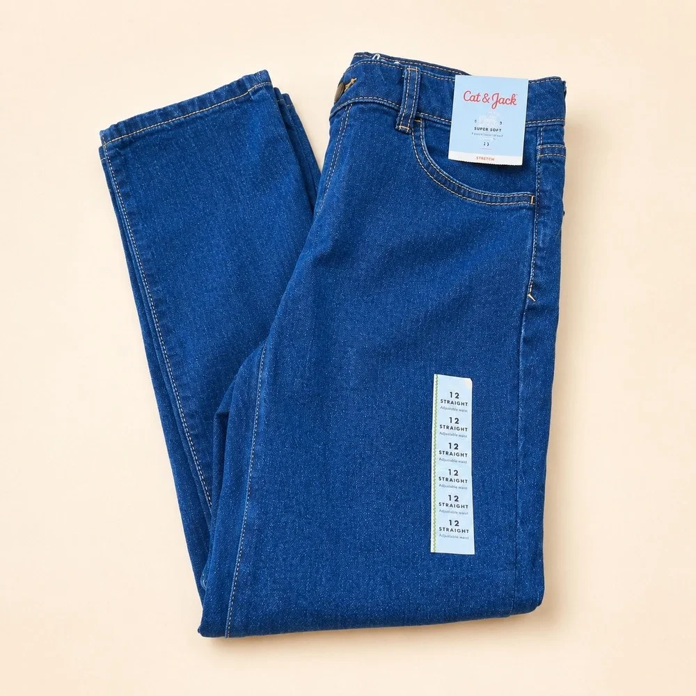 Cat & Jack Girls Kids Size 12 Straight Leg Jeans Dark Wash Adjustable Waist NWT